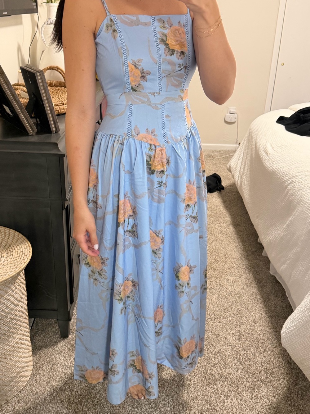 Light Blue Floral Spaghetti-Strap Maxi Dress